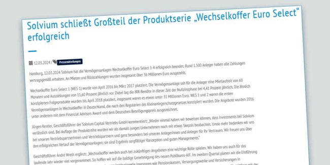 Solvium beendet erfolgreiche WES 1 Produktserie